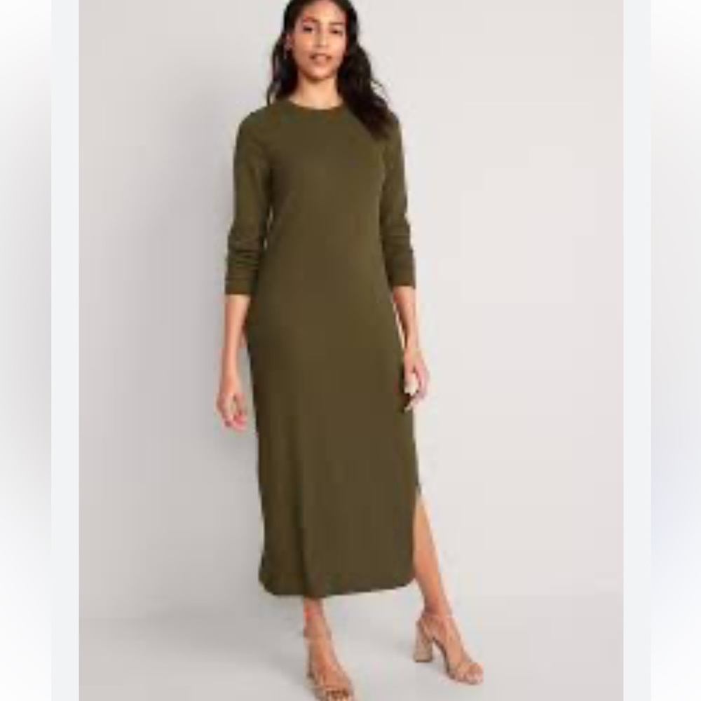 Old Navy Olive Ribbed Knit Maxi Dress | Side Slit Long Sleeve mock turtleneck
